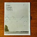 Front cover of the Hope. Despair. Miracles zine, text and birds flying above a tiled roof