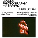 Dark night-time image of outside of a building with 'House of Fu' in neon lights as the photo on a white background with black text with info about the exhibition