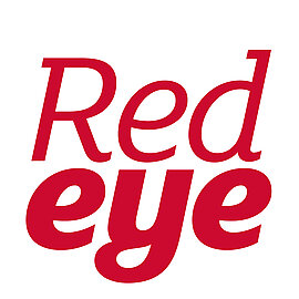 Redeye logo with red text of name of company and white background