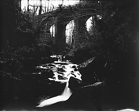 black and white image of waterfalls in countryside