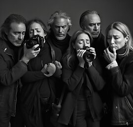 A group of mourning photographers at a funeral for photography, clutching their cameras, in the style of Annie Liebovitz, black and white, Midjourney image